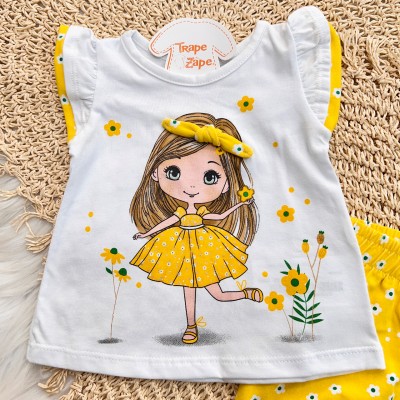 Conj. Blusa Menininha com Florzinhas - Branco e Amarelo